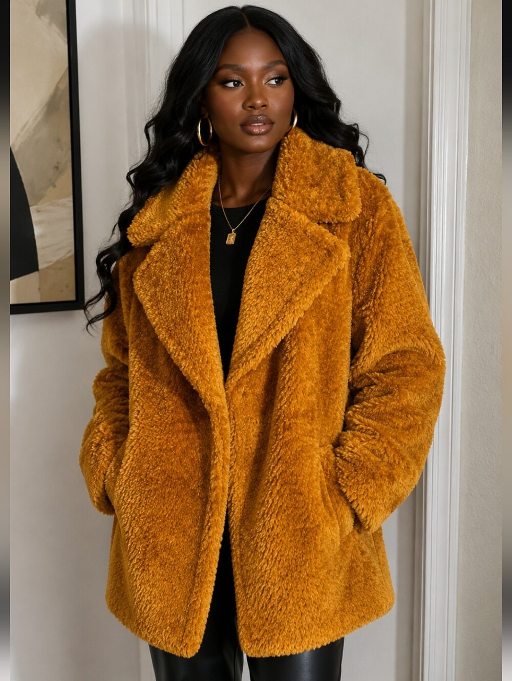 French Connection Mustard Teddy Faux-Fur Coat Size XL 😮‍💨🫰🏾✨
